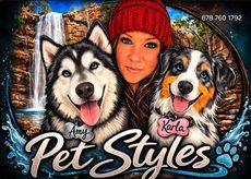 Pet grooming logo with woman, husky and bernese mountain dog, waterfall background, “Pet Styles” text