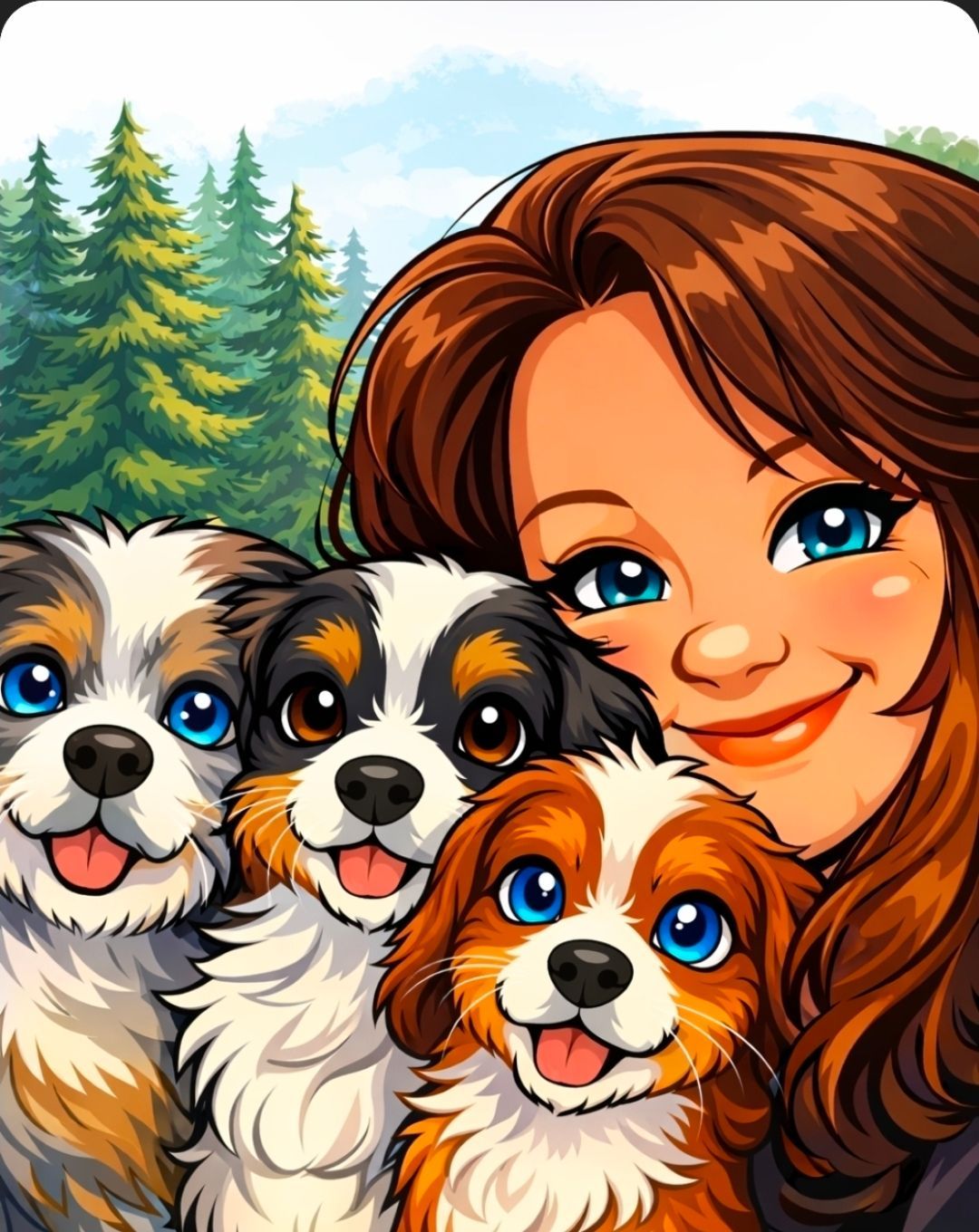 Smiling woman with three fluffy puppies in front of evergreen trees