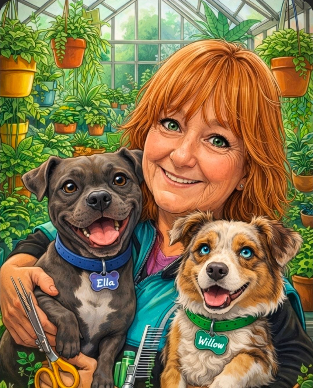 Woman holding two happy dogs in a greenhouse, surrounded by hanging potted plants.