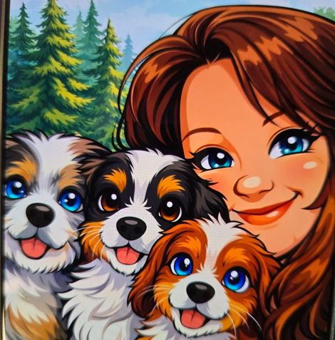 Woman smiling with three fluffy puppies in a pine forest, colorful cartoon style