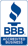 BBB Accredited Business logo in blue and white with torch icon and text