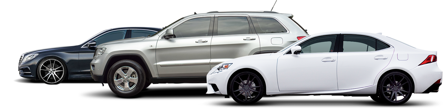 Three luxury cars lined up side by side: black sedan, silver SUV, and white convertible on a white background