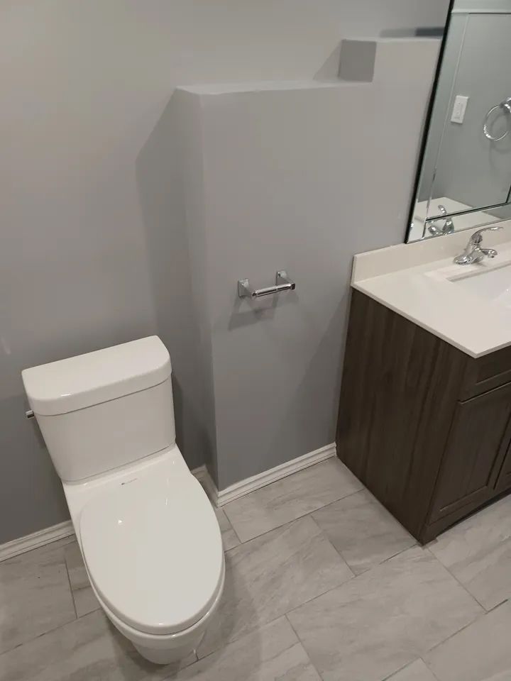 A bathroom with a toilet , sink and mirror.