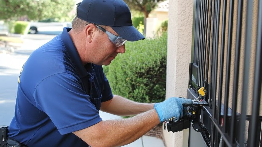 Person in blue shirt, cap, and safety glasses working on a black metal gate lock outdoors.