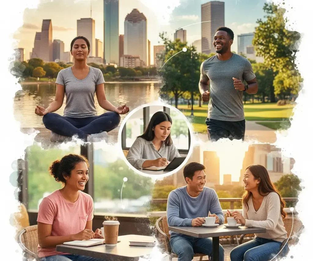 People enjoying wellness activities in a city: meditating, running, working, socializing at a cafe.