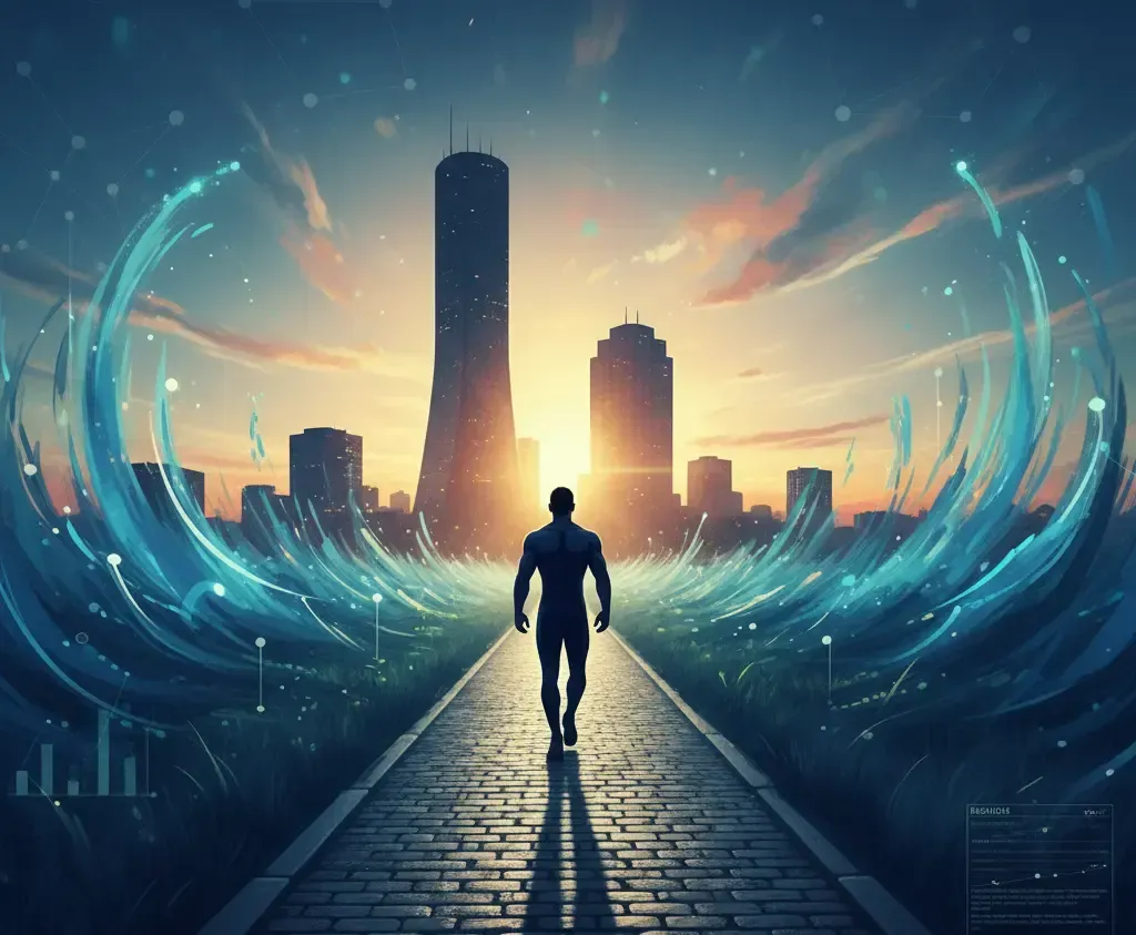Silhouette of a person walking towards a city skyline with digital streams.