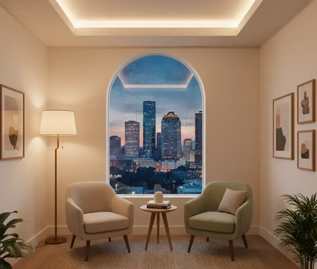 Cozy room with city view: two armchairs, floor lamp, small table, art, and a large arched window showing city skyline.