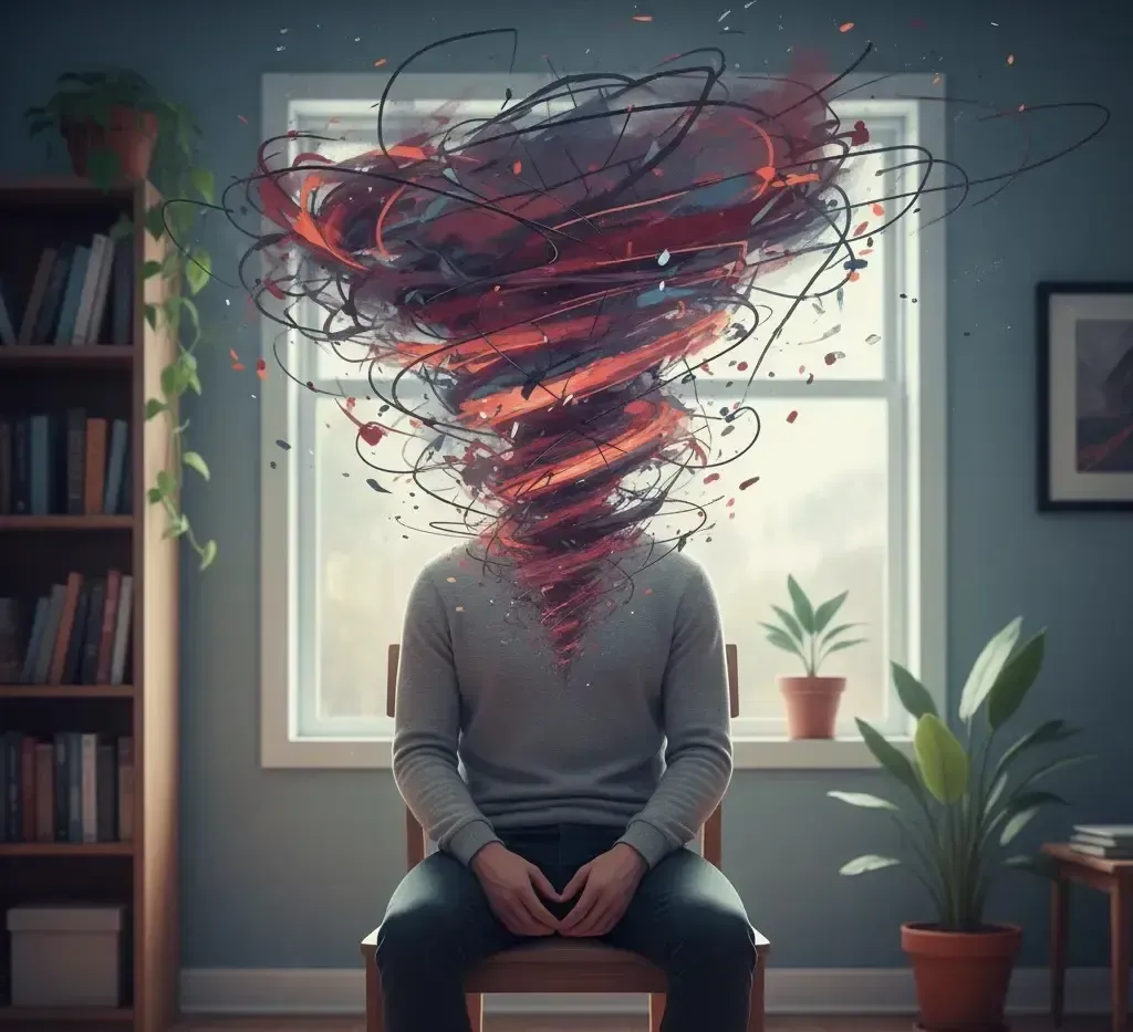 A person sits with a swirling tornado of red, black, and orange where their head should be, indoors.