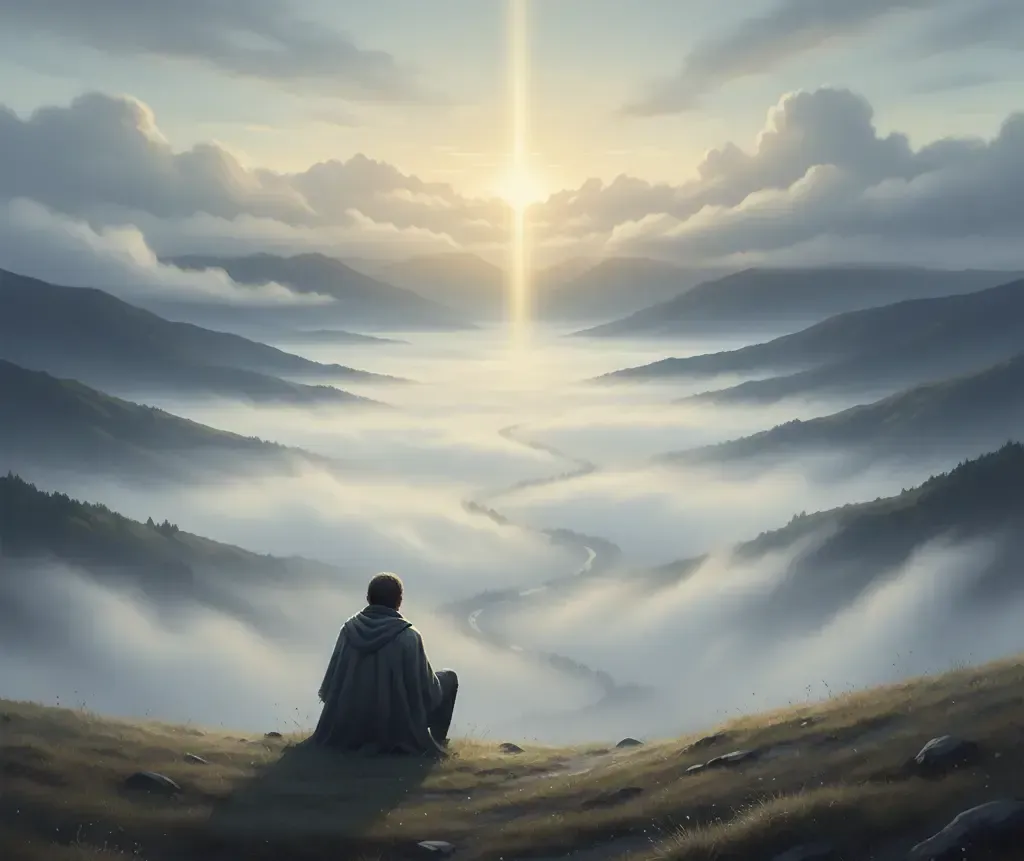 Person seated, gazing at a radiant light piercing through valley fog, mountains in the background, dawn sky.