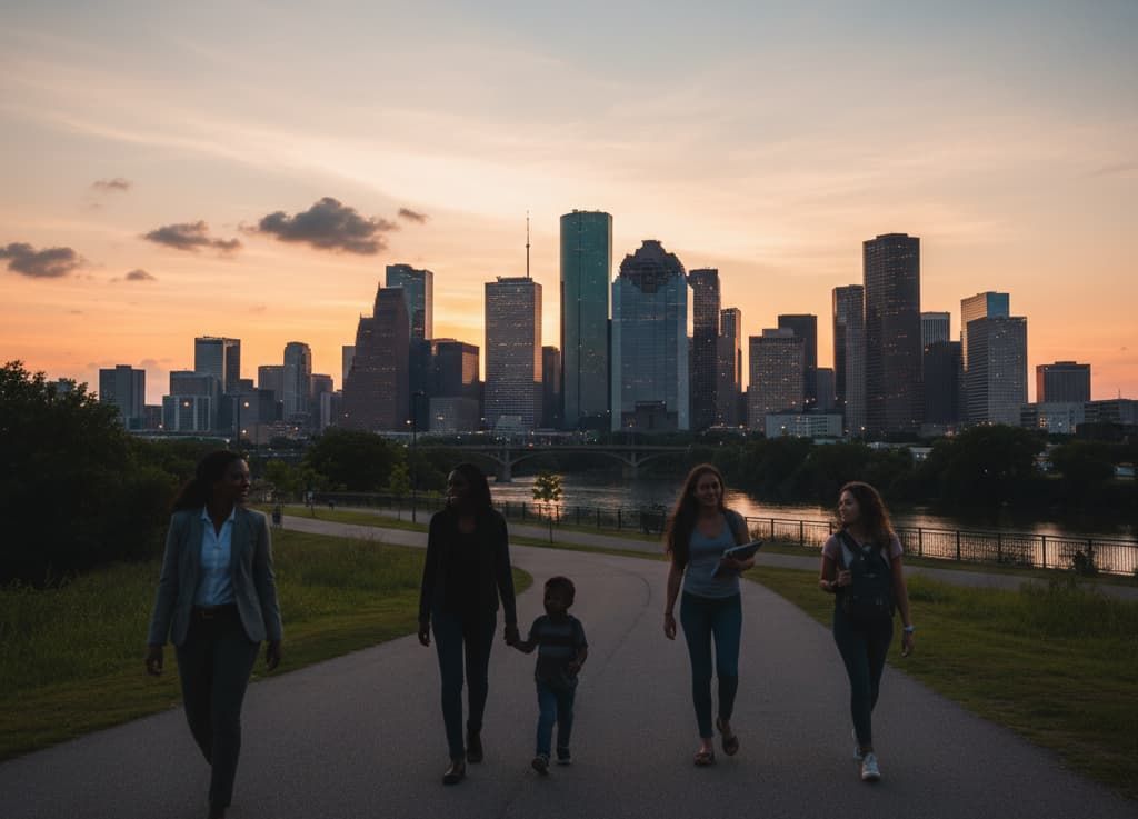 Five people walk on a path towards a city skyline at sunset.