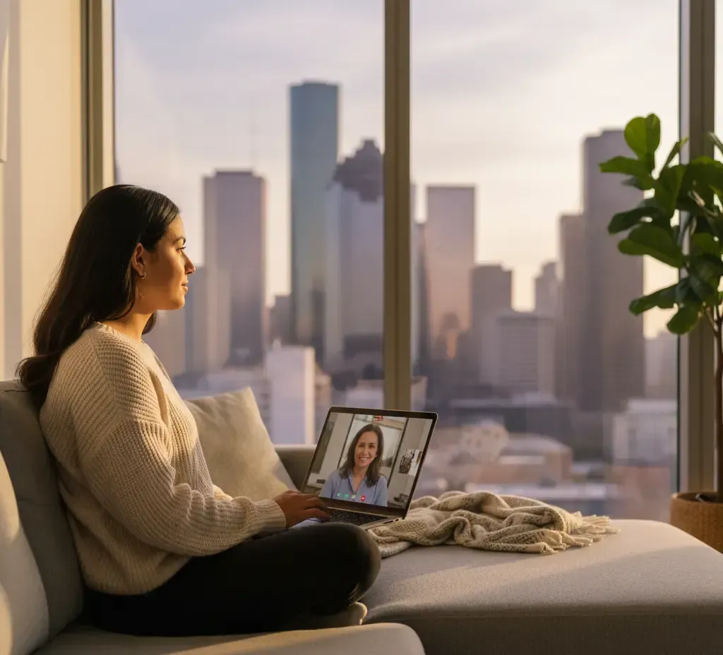 Woman in sweater on couch video calls, city skyline visible through window.