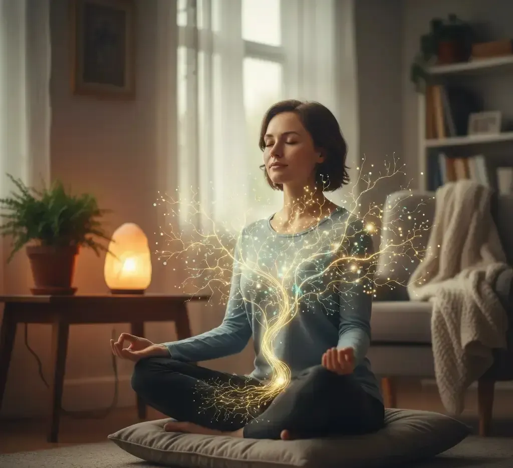 Woman meditating indoors, glowing energy emanating from her body.