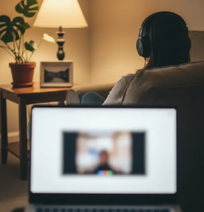 Person wearing headphones watching a video on a laptop while relaxing on a couch at home.