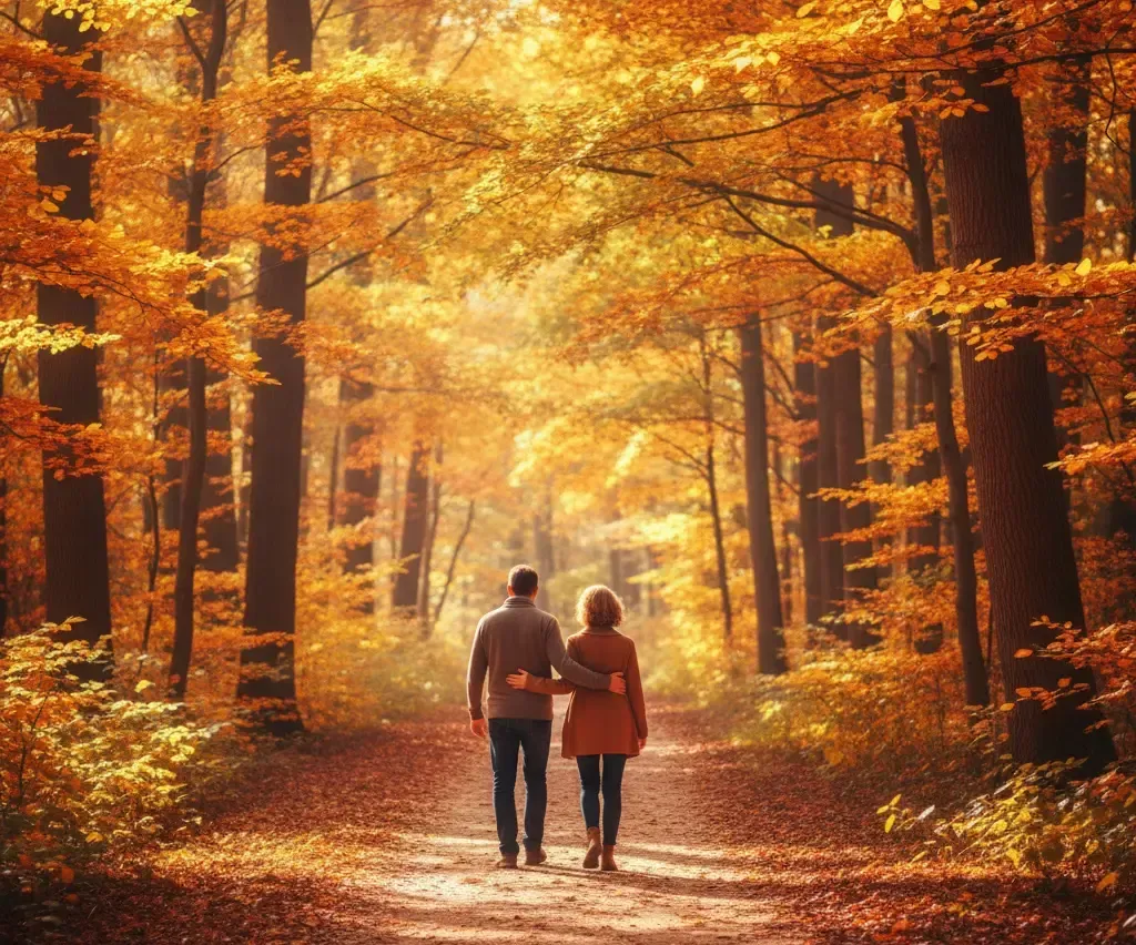 Couple walking arm-in-arm through an autumn forest, surrounded by trees with golden leaves.