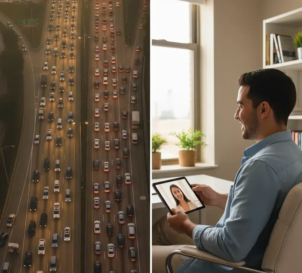 Left: Aerial view of congested highway. Right: Man video calls from home.