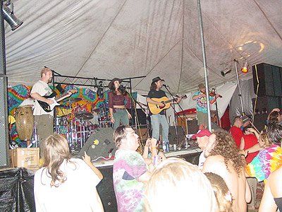 A group of people are watching a band perform on stage
