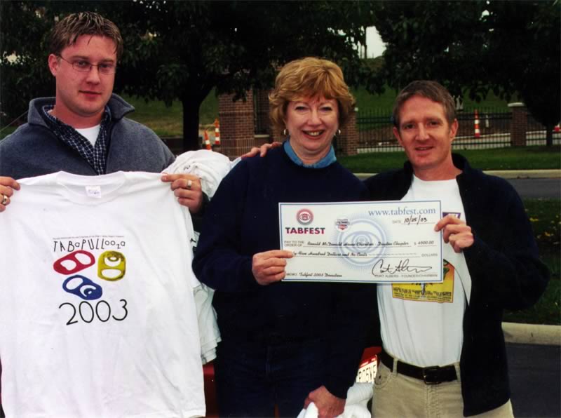 Three people holding shirts and a check that says 2003