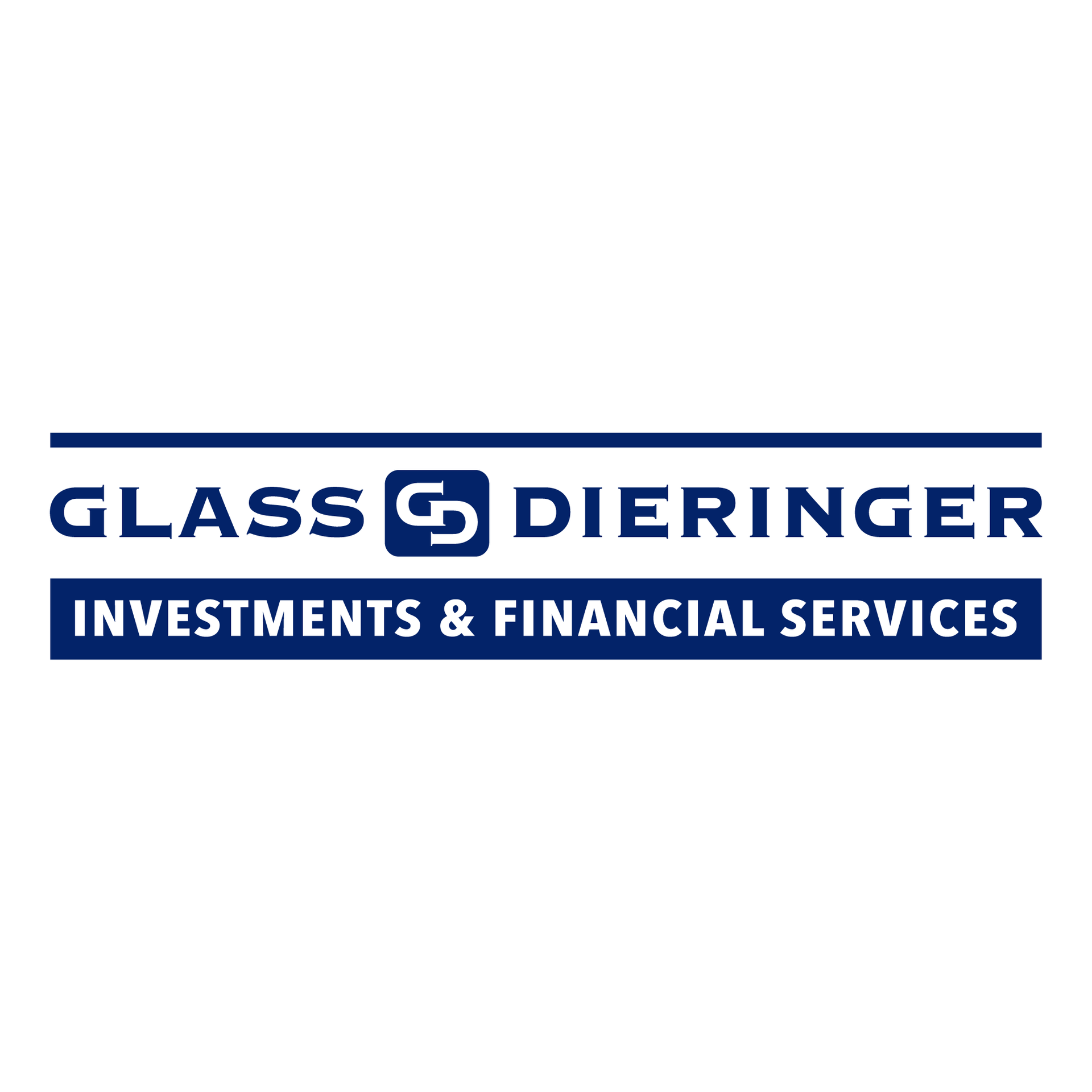 The logo for glass diringer investments and financial services is blue and white.