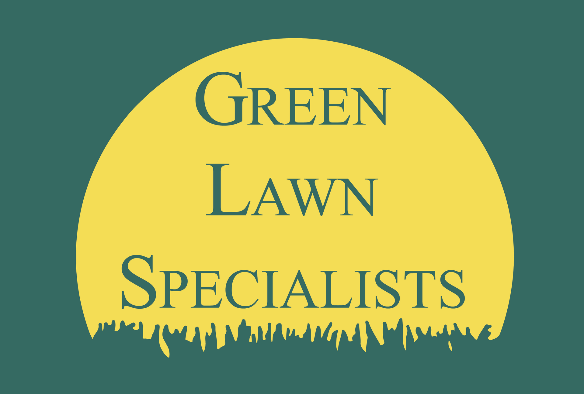 A logo for green lawn specialists with a sun in the background