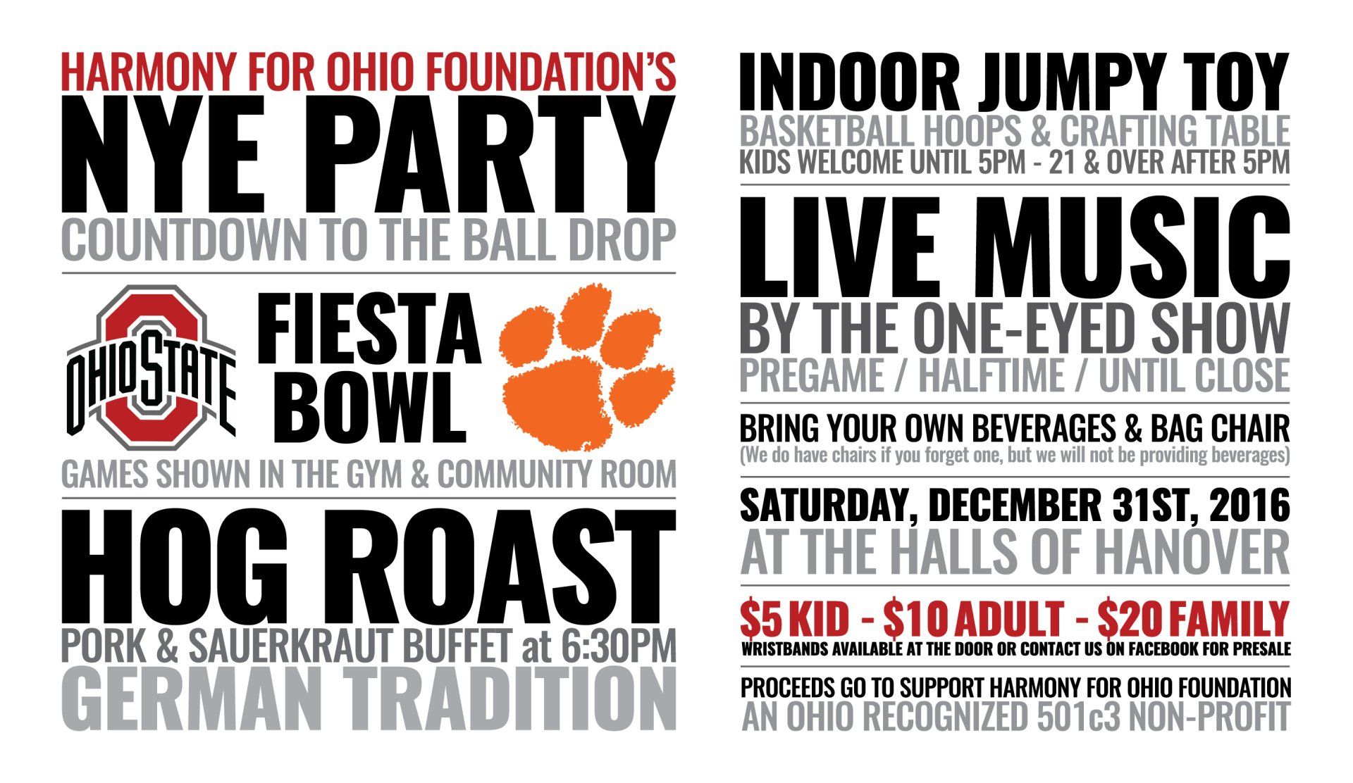A poster for Harmony for Ohio Foundation's NYE  party and hog roast