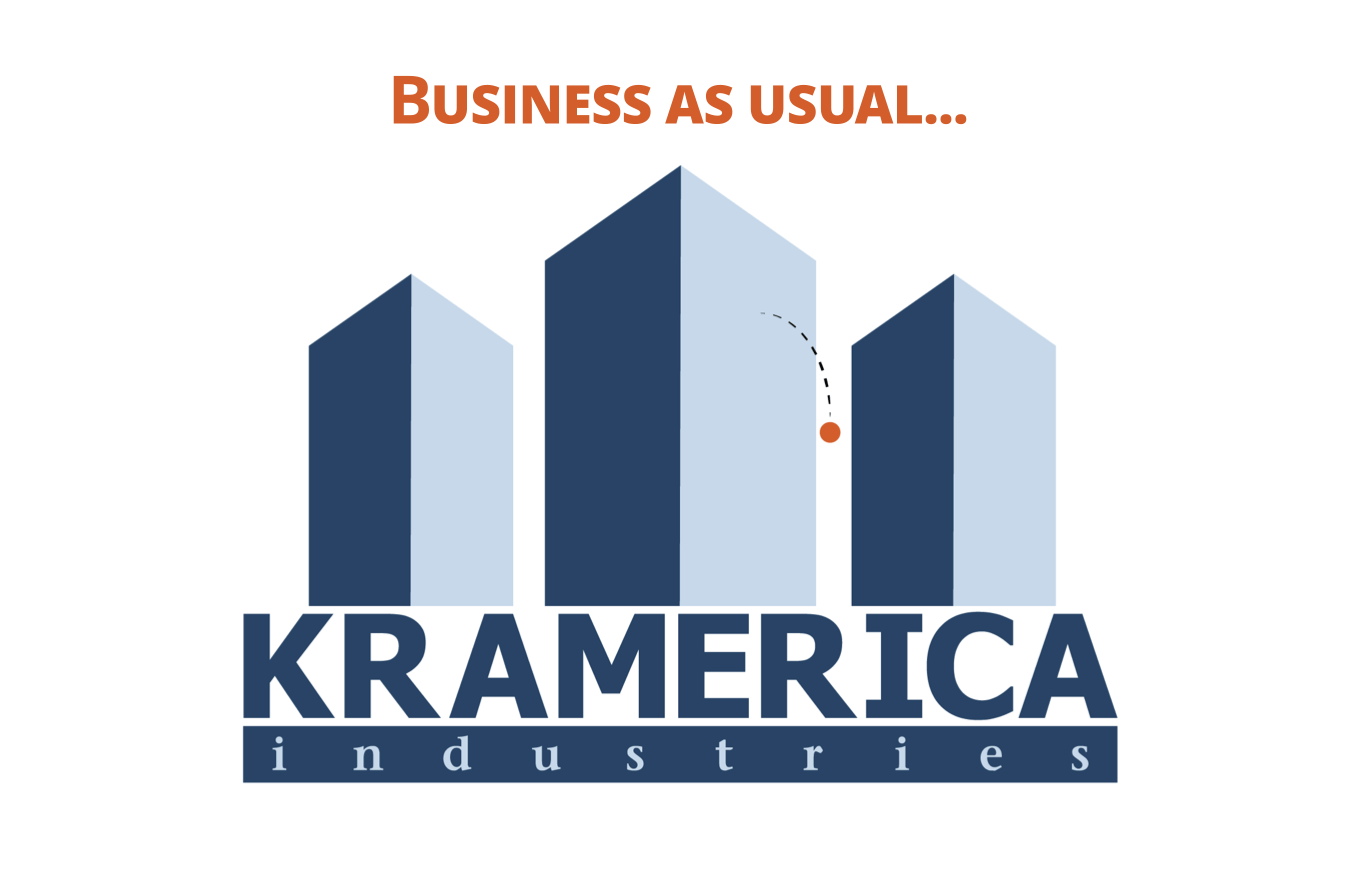 A blue and white logo for kramerica industries
