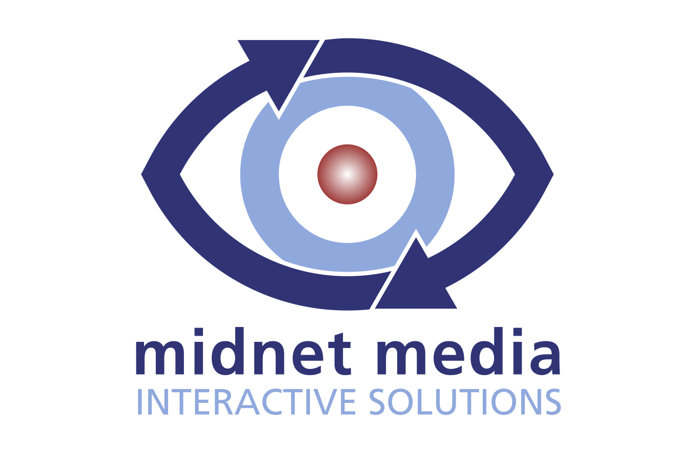 A blue and white logo for midnet media interactive solutions