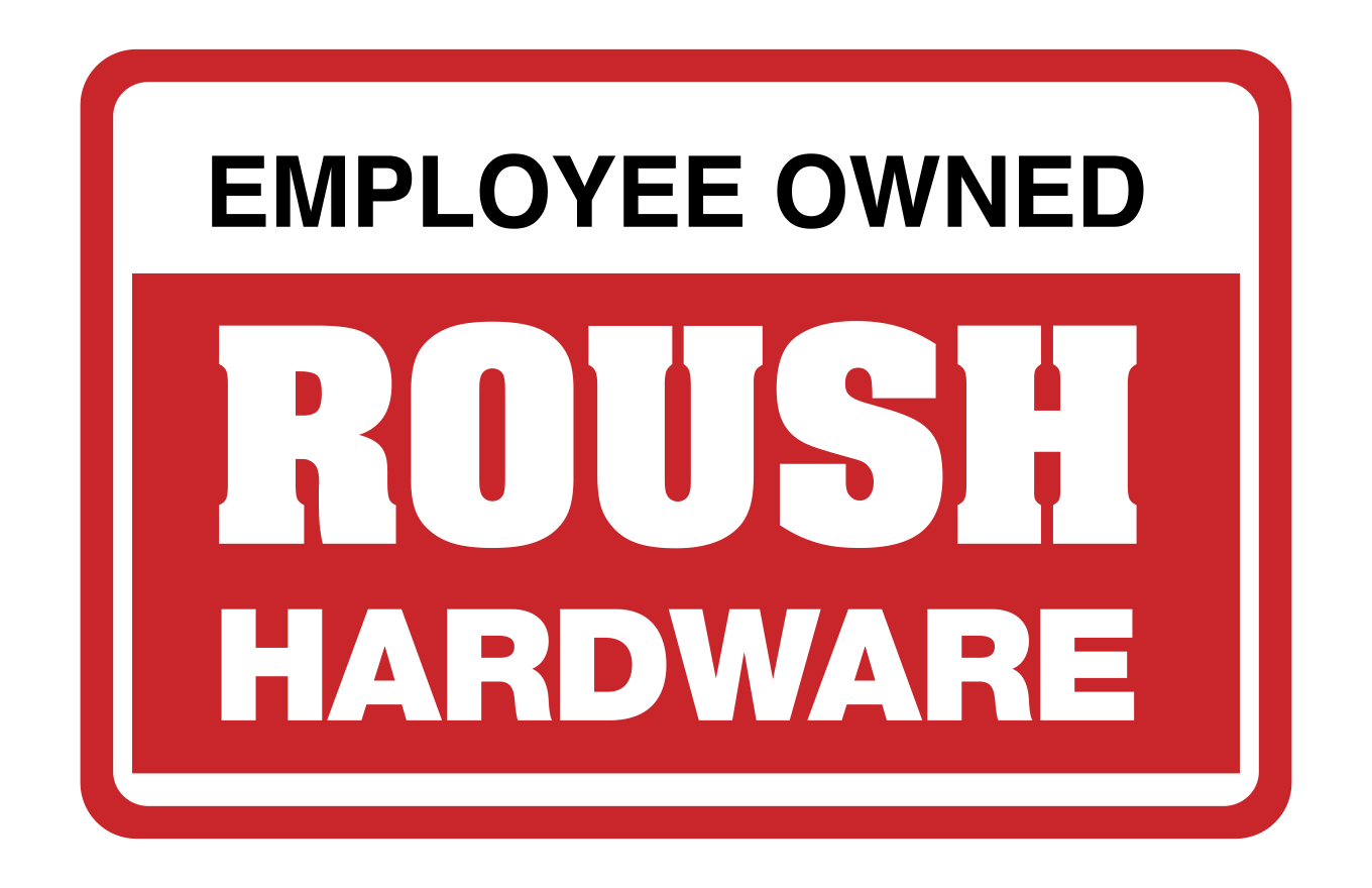 A red sign that says `` employee owned roush hardware ''