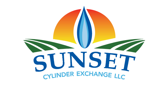 A logo for sunset cylinder exchange llc with a sunset in the background