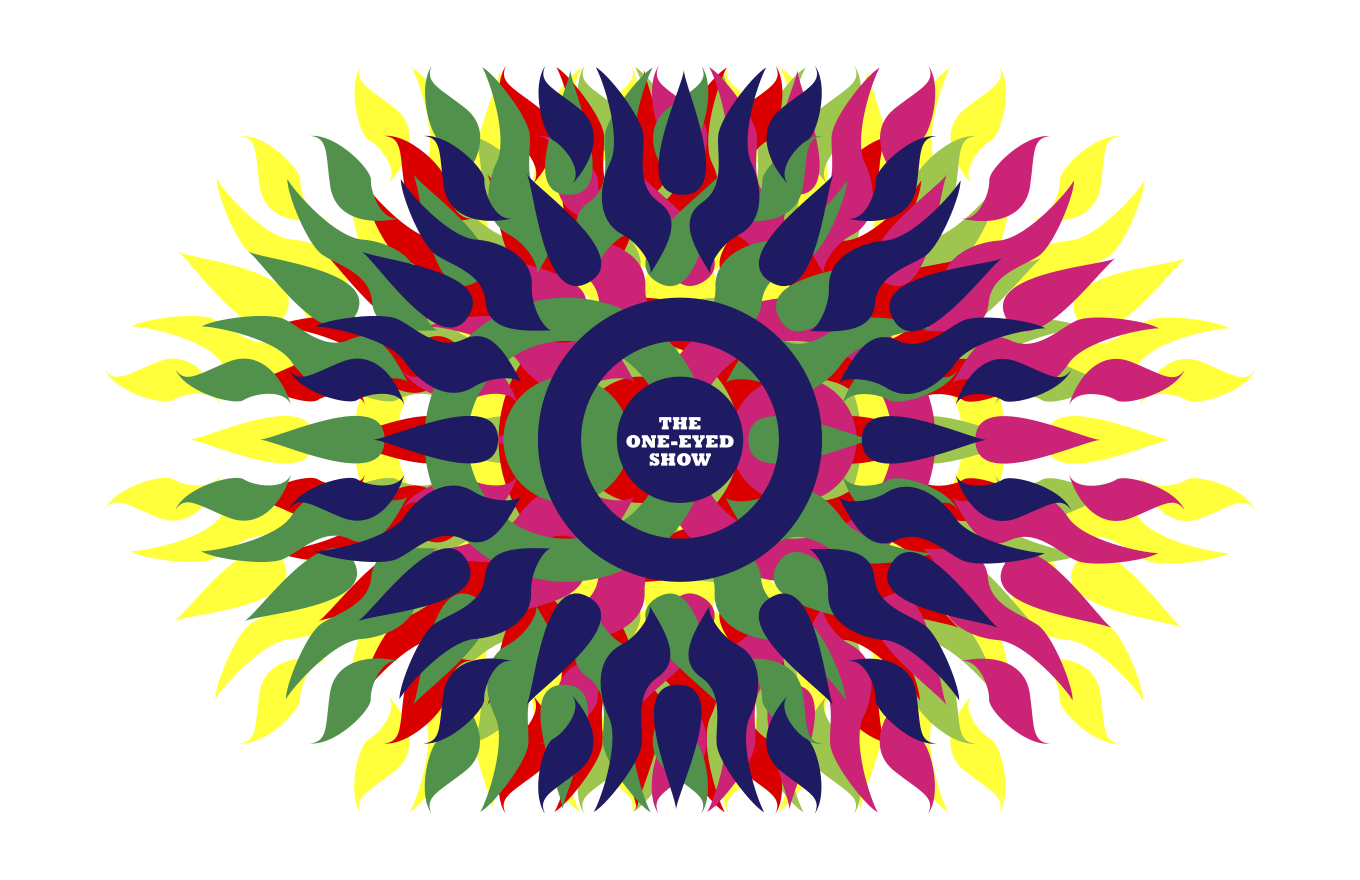 A colorful circular pattern with a blue circle in the middle on a white background.