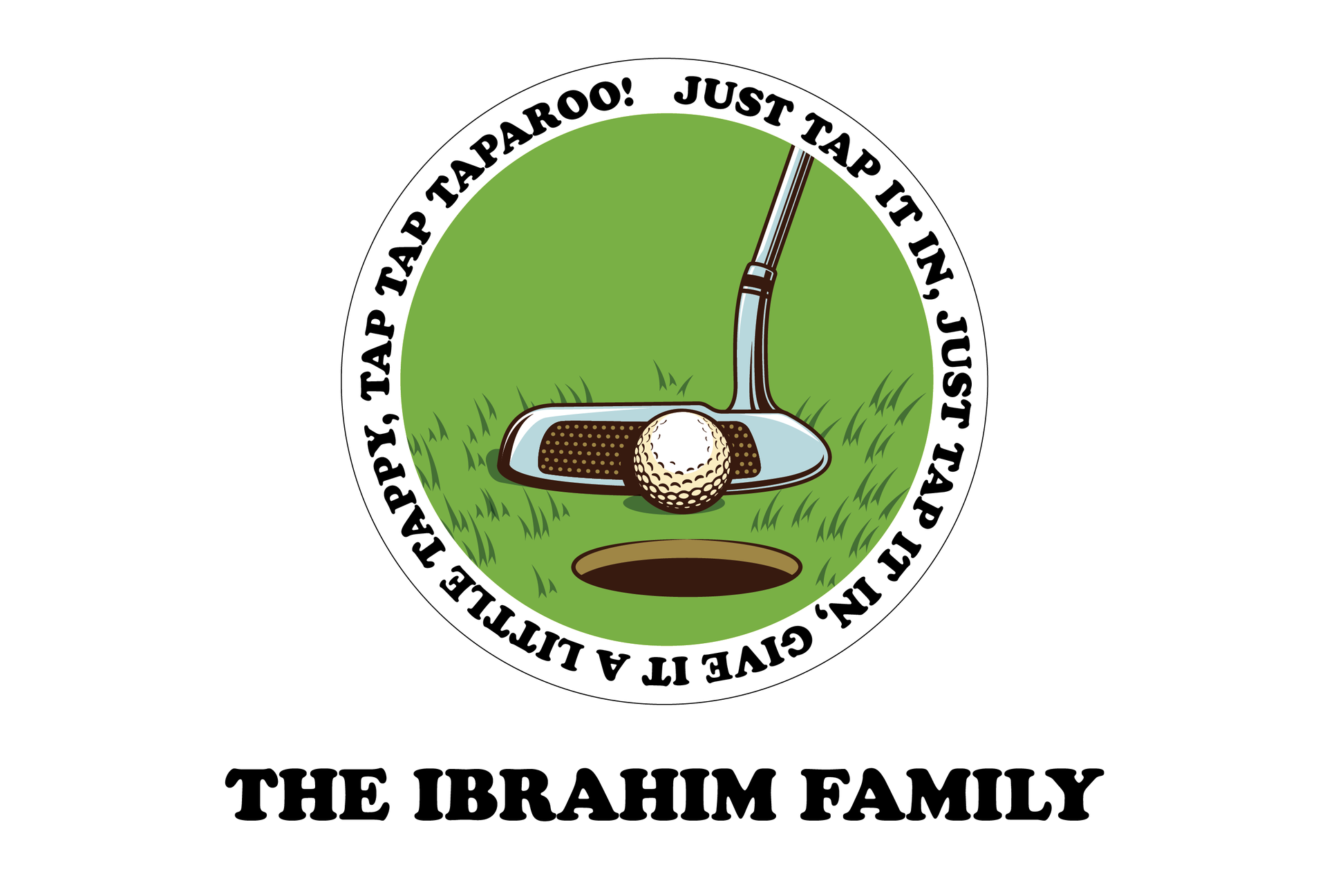 A logo for the ibrahim family shows a golf club and a golf ball