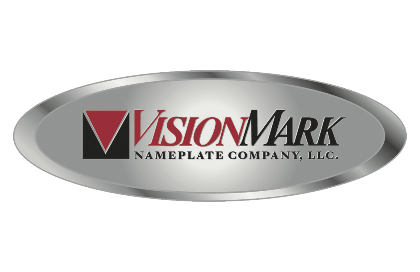 A silver oval logo for visionmark nameplate company llc