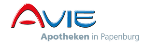Ein rot-blaues Logo für Avie Apotheken in Papenburg