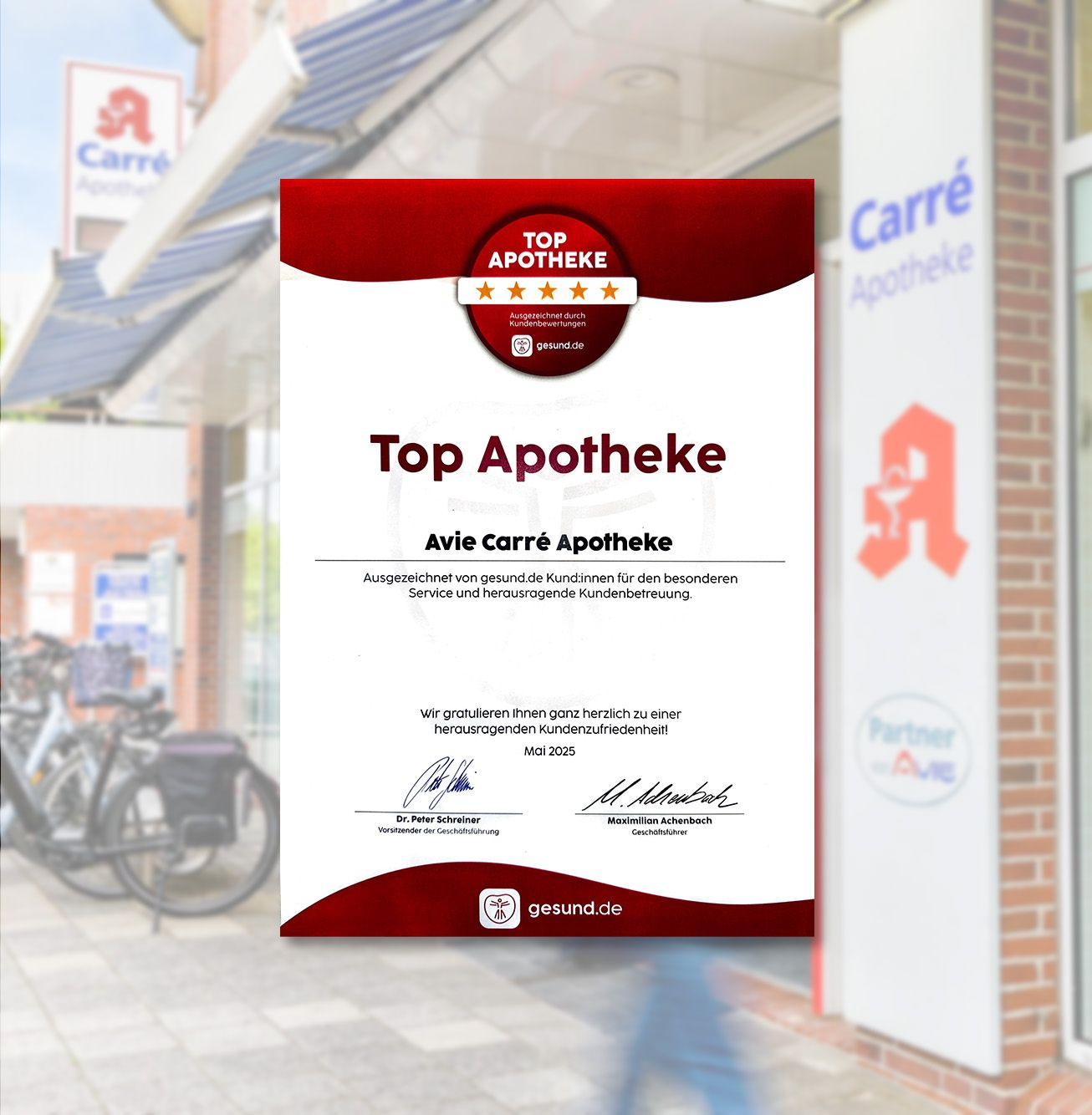 A certificate that says top apotheke on it