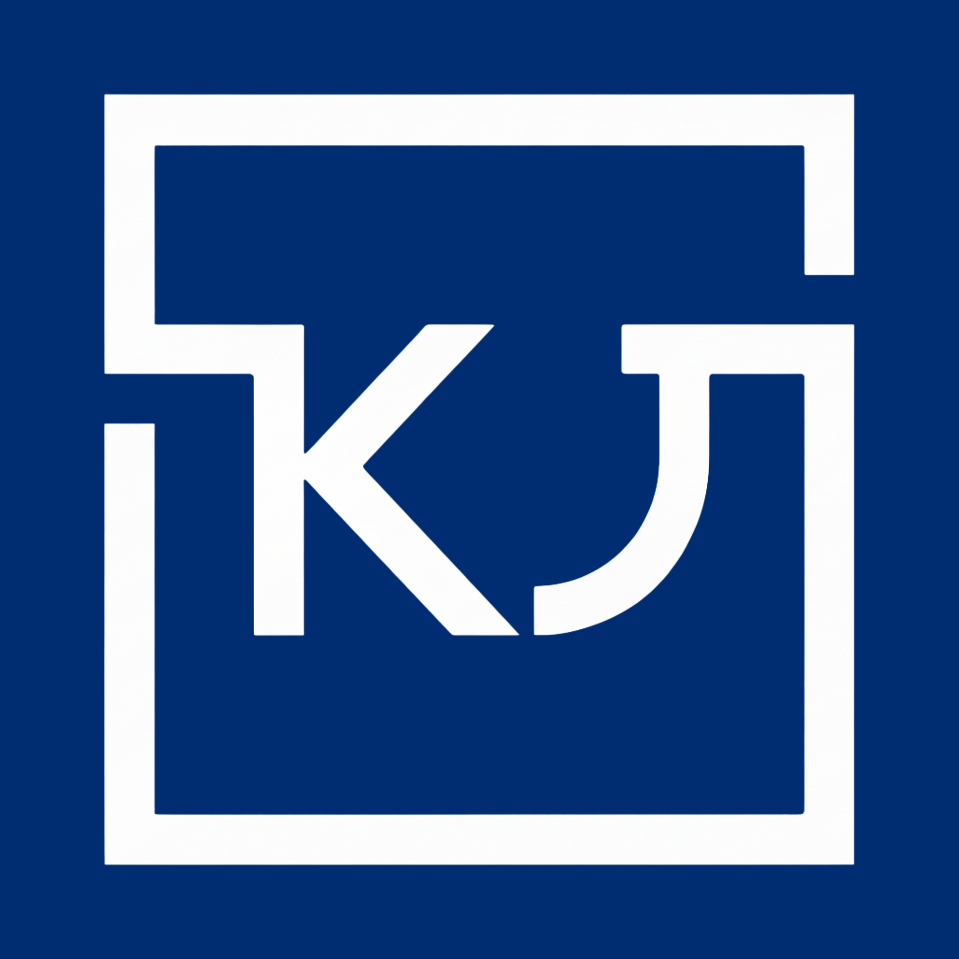 White “KJ” logo inside a blue square with a white border