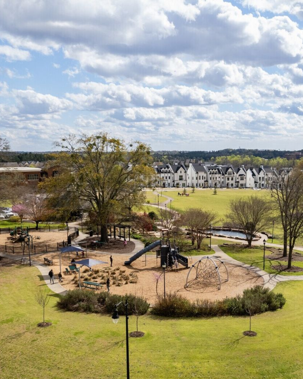 Playground in a park with swings, slides, and trees under a cloudy sky, with houses in the distance
