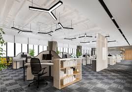 A 3d rendering of a modern office with cubicles and a bookshel. Project completed by AARONS.