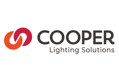 The logo for cooper lighting solutions is red and black.