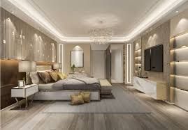 A bedroom with a large bed , nightstands , a television and a chandelier hospitality lights AARONS project. 