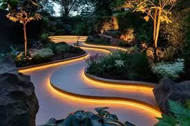 A path in a garden with lights on it at night.
Project completed by Aarons lighting & Design. 