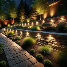 A brick walkway leading to a house is lit up at night.