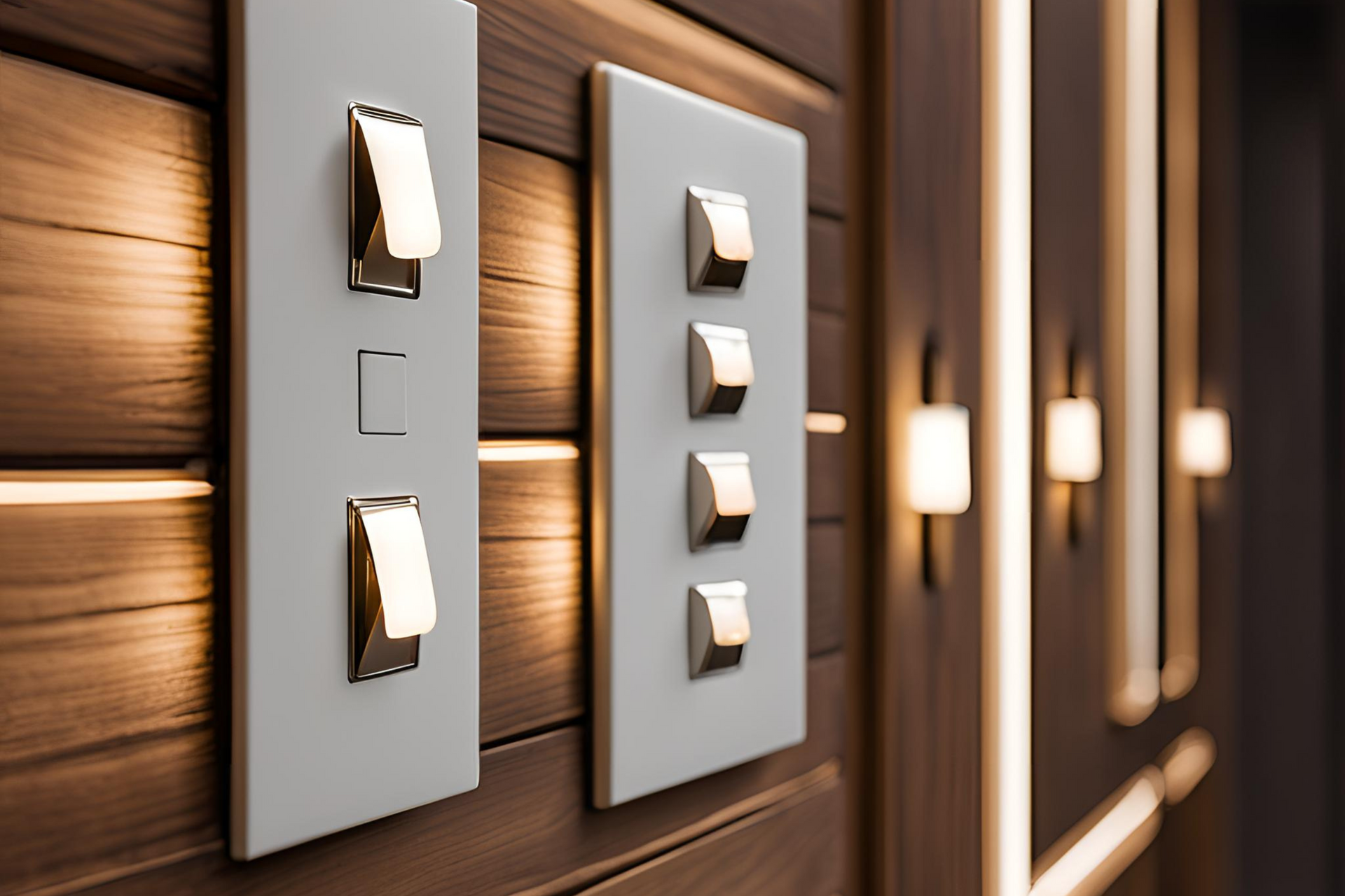 A row of high end light switches on a wooden wall.
