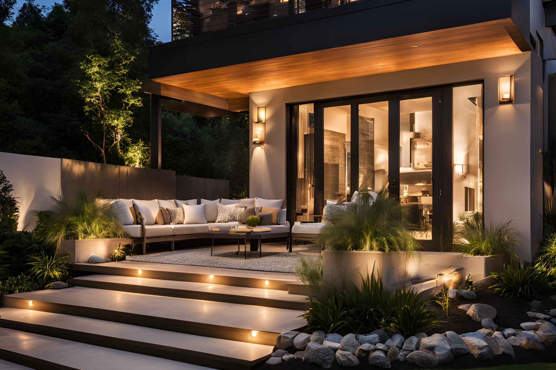 A modern house with a patio and stairs in front of lit at night.