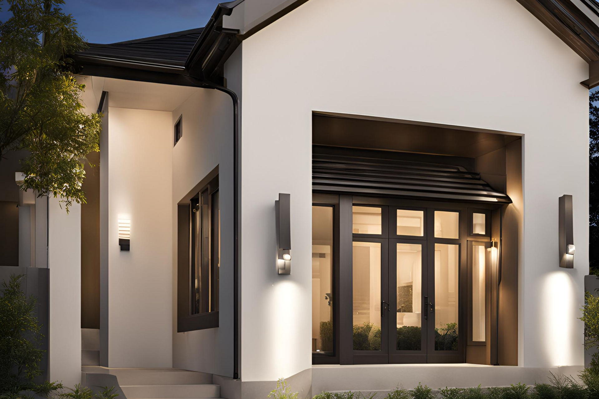 A white house with a black roof is lit up at night