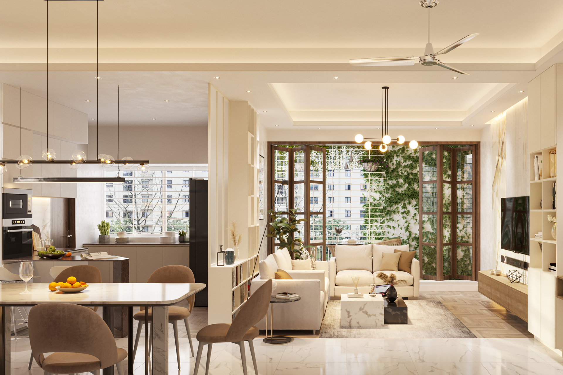 A living room with a dining table and chairs and a ceiling fan beautiful lighting. 