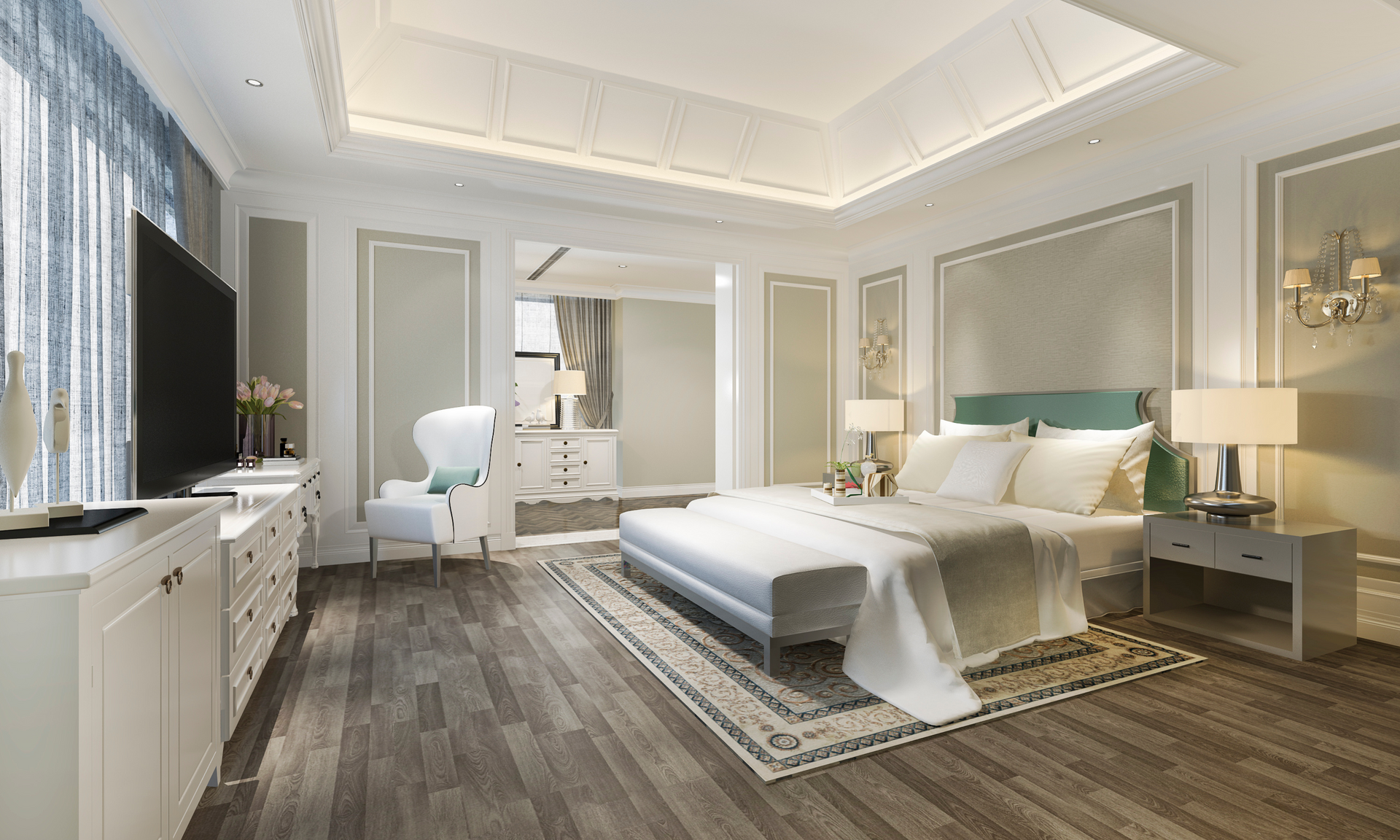 A bedroom with a large bed , dresser , nightstand and television.