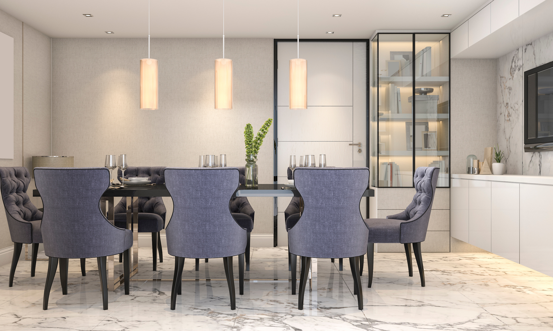 A dining room with a table and chairs in it with modern lights.