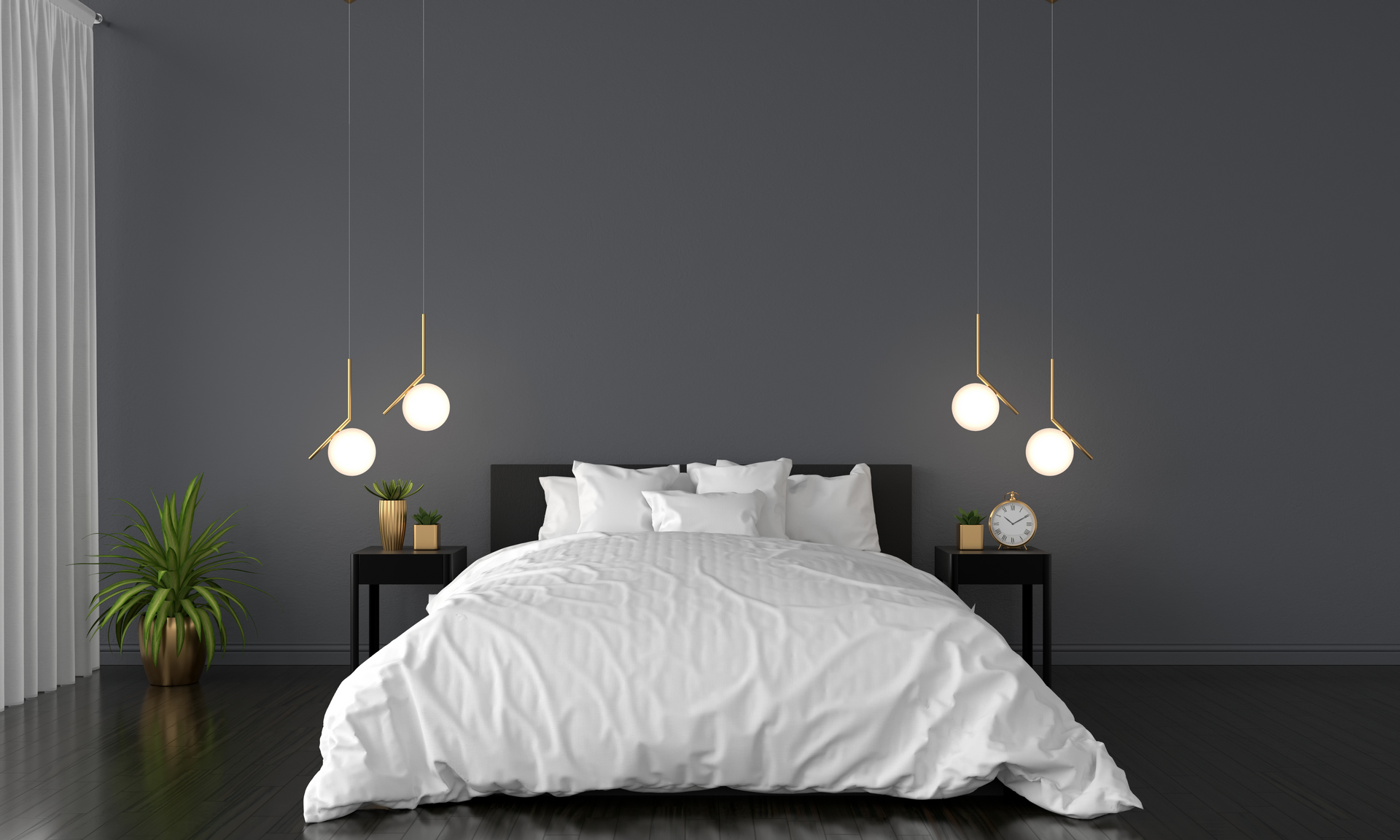 A bedroom with a bed , nightstands , lamps and a plant.