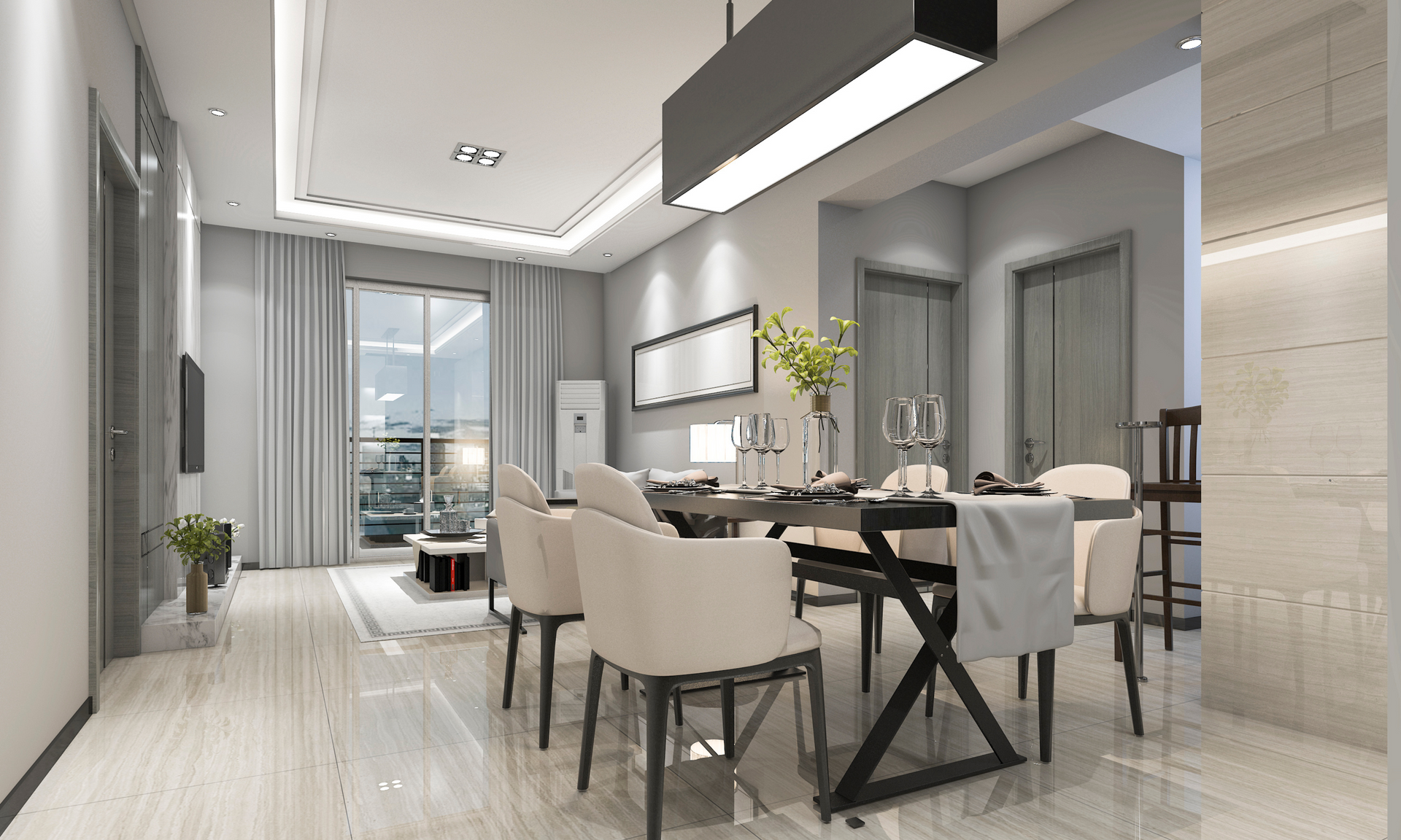 A modern dining room with a table and chairs in a living room with modern lighting.