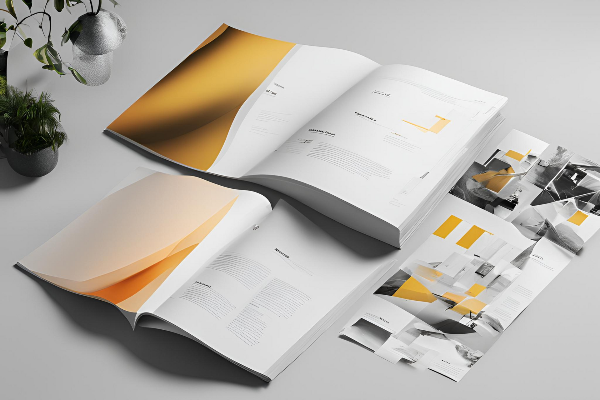 Three Layouts or brochures are sitting on a table next to a plant.