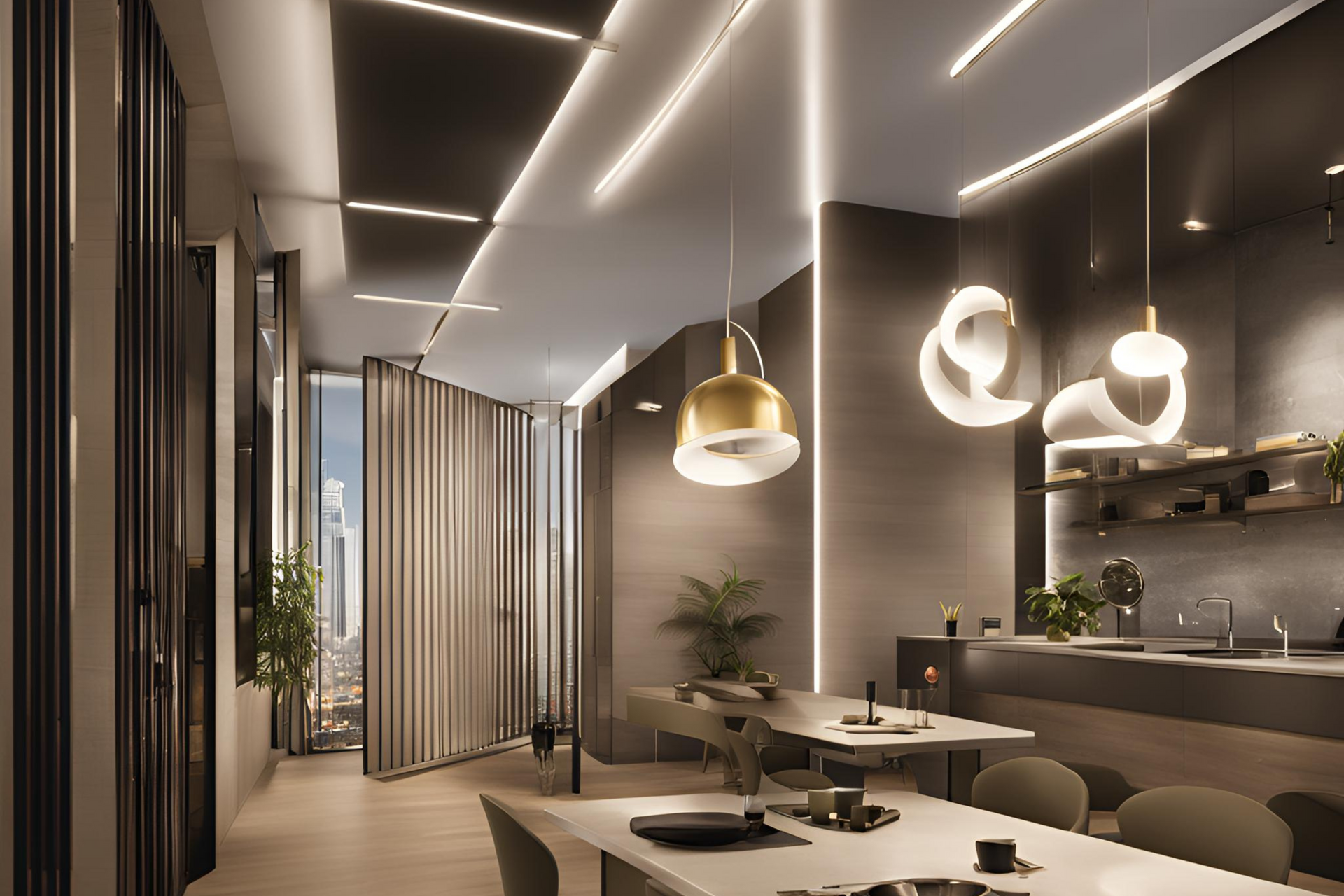 An artist 's impression of a dining room with a table and chairs and lights. 